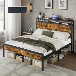 [SummerVibes]AMERLIFE Bed Frame with Storage Headboard & Charging Station, Industrial Metal Platform Bed with Large Under-Bed Storage, Heavy Duty Slats, No Box Spring Needed