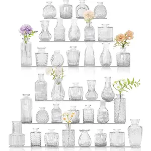 36Pcs Clear Bud Vases Set Small Vintage Glass Bottles in Bulk Multiple Shapes Cute Glass Vases for Rustic Wedding Centerpieces Table and Home Decor