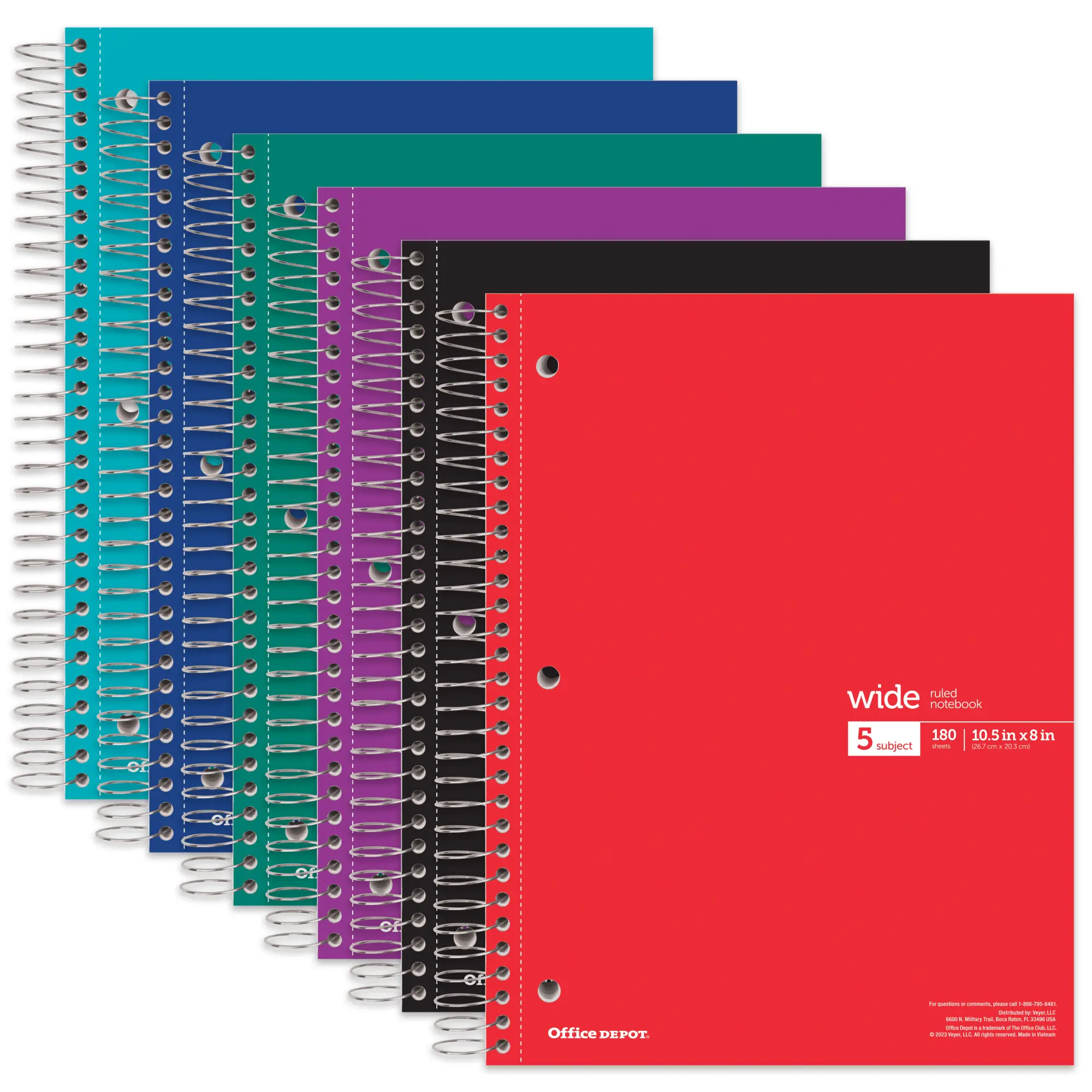 Office Depot® Wirebound Notebooks, 8" x 10-1/2", 5 Subjects, Wide Ruled, 180 Sheets, Assorted Colors, Pack Of 6 Notebook