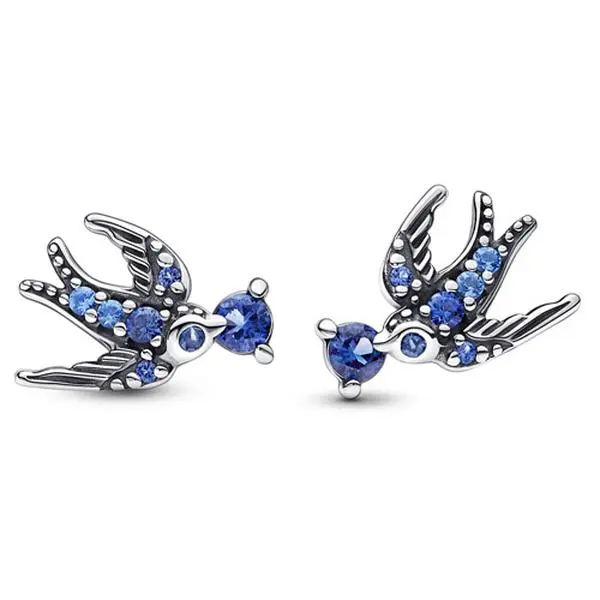 Pandora Sparkling Swallow Stud Earrings, Unisex Round Semiprecious Stone Earrings for Adults, Spring Jewelry Accessory 292568C01, Swallow-Inspired, Grooved Feather Lines, Microbead Beads, Swallow Detailed With Microbeads