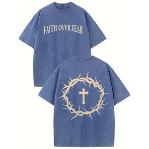 Faith Over Fear Vintage Washed Patterned T-Shirt - Soft High-Quality , Drop Shoulder, Round Neck, Short Sleeve, Relaxed Fit, Old Summer Clothing, Stylish Casual Wear For Men