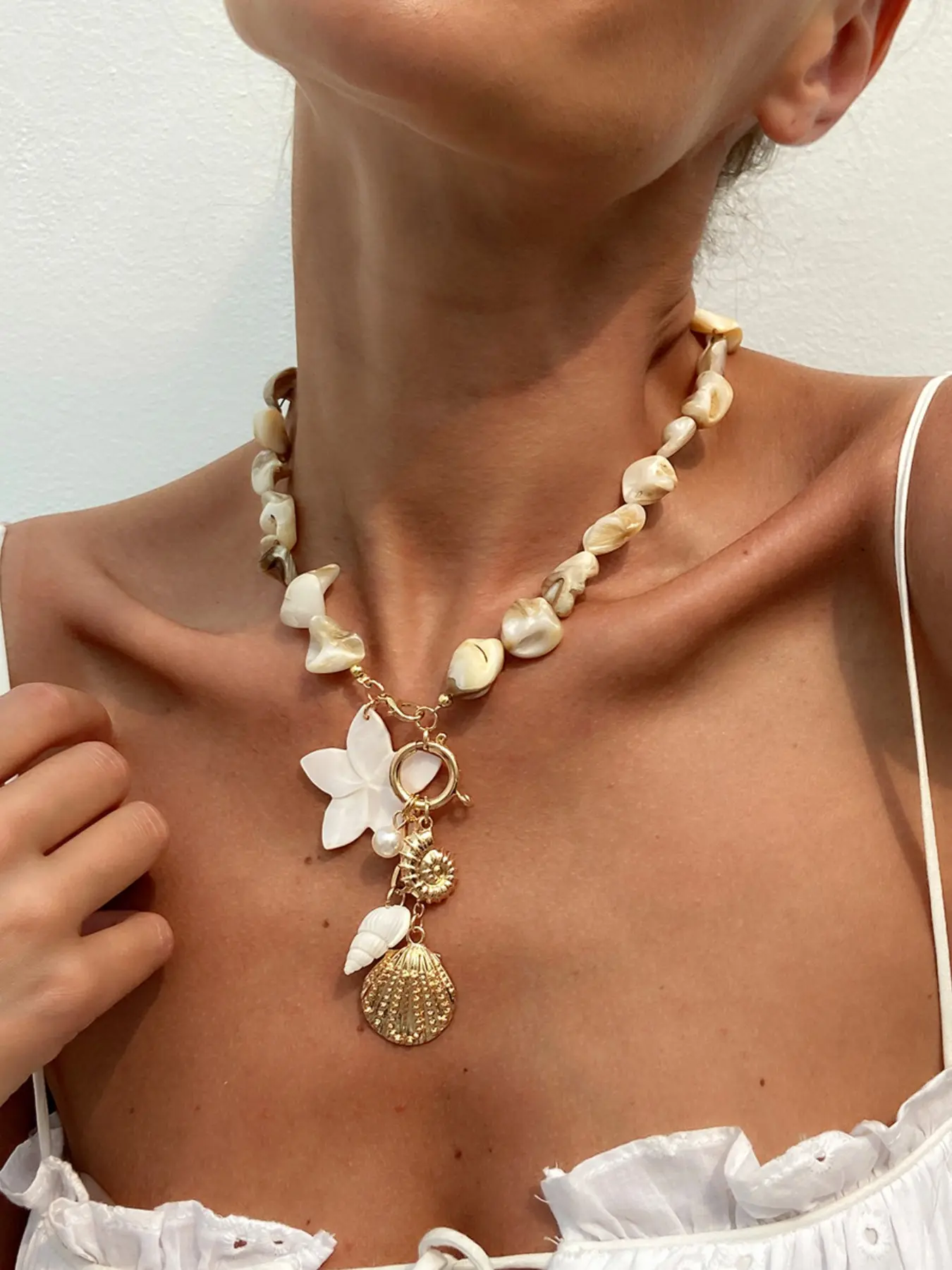 Boho Ocean Wind Flower Shell Accents Faux Pearl Necklace, Daily Wear Vacation Date Party Gift, Women's Elegant Chain Jewelry, Jewelry Gifts