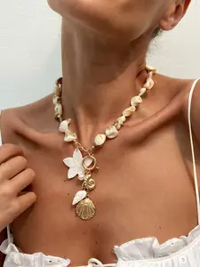 Boho Ocean Wind Flower Shell Accents Faux Pearl Necklace, Daily Wear Vacation Date Party Gift, Women's Elegant Chain Jewelry