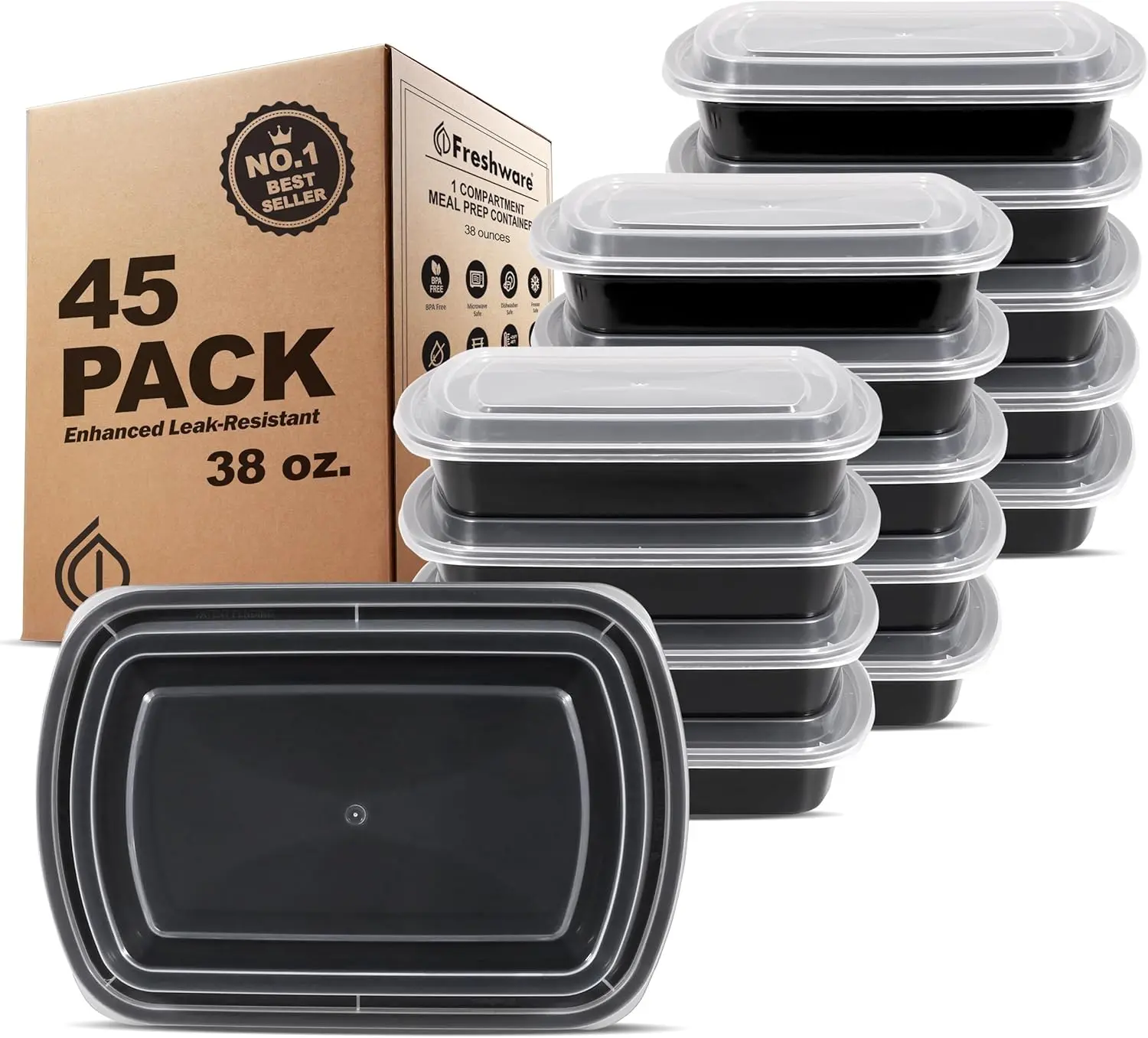 FRESHWARE 38oz Sturdy Heavy-Duty 1-Compartment Reusable BPA-Free Plastic Food Storage Containers with Lids, 45-Pcs Stackable Meal Prep Boxes for Kids, Microwave/Dishwasher/Freezer Safe for School Lunches, Leftovers