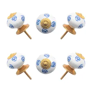 White Ceramic Ball Knobs with Blue Swirls, Antique Brass Hardware (Set of 6) by CDNY