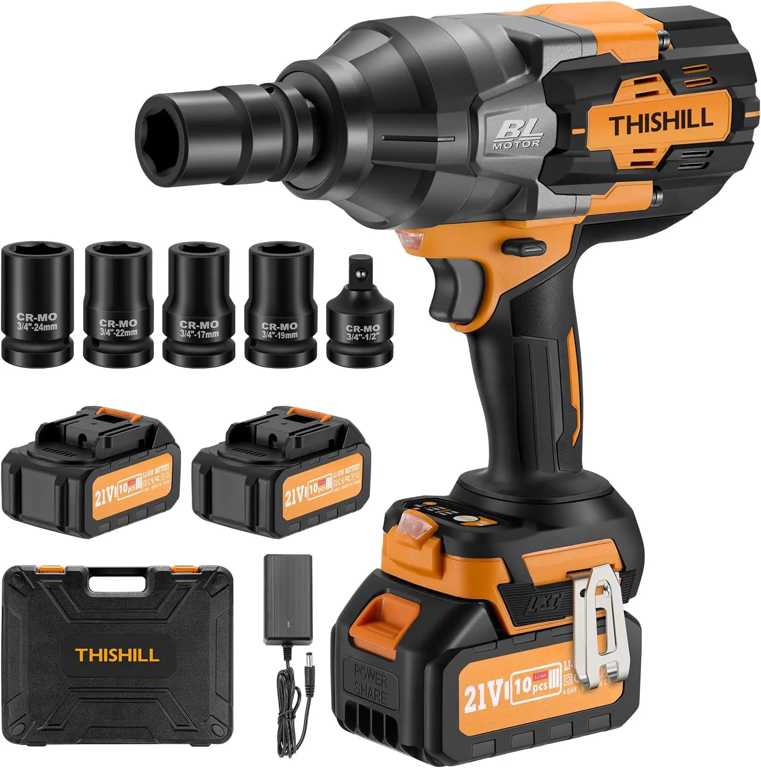 THIS HILL 1328Ft-lbs(1800Nm) 3/4 Cordless Impact Wrench, Li-Ion Brushless Impact Driver, 21V 4.0Ah Li-Ion Battery*2, 3-Speed Gear | LED Lights | Kit