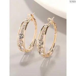 Trendy Rhinestone Decor Hoop Earrings, Dainty Lightweight Minimalist Hoops, Romantic Aesthetic Fashion Jewelry for Women, Elegant Daily Casual Wedding Anniversary Party Holiday Accessories Perfect Gift for Her summerwins