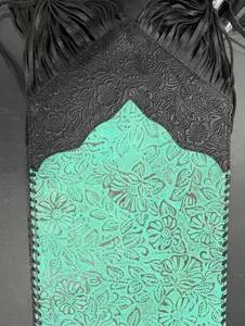 Genuine hand tooled leather 6ft table runner- turquoise & black