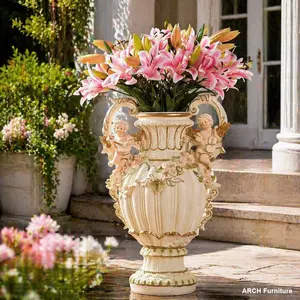 Retro European Style Angel Cupid Resin Sculpture Floor Standing Vase, 28.35in H x 19.70in L x 13.20in W Anti-Scratch Handicraft, Art Deco Floral Ornaments for Living Room, Entryway Indoor Home Decor