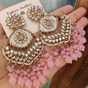 Premium Quality Indian Lightweight Long Earrings with Beads and Kundan Stones for Festive Wear