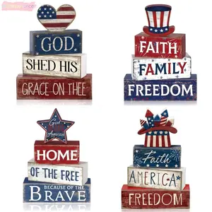4th Of July Tiered Tray Decor Set, Rustic Patriotic Wood Blocks Stacker For Independence Day, Distressed Red White Blue Tabletop Signs For Home Farmhouse Aesthetic, Memorial Day Party Centerpiece, Americana Gifts For Family Friends