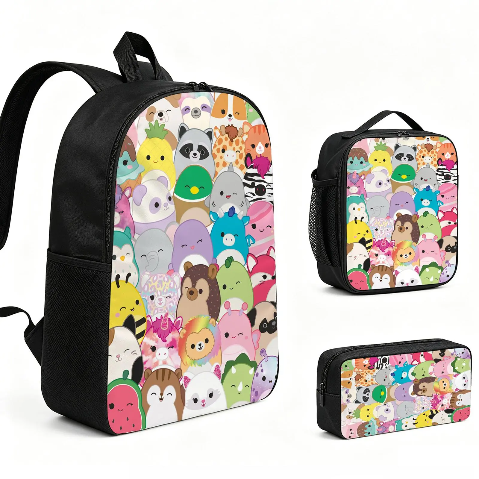 Squishmallows Backpack 3pcs Set with Vibrant Print, Durable School Bookbag with Insulated Lunch Tote and Pencil Bag for Teens Boys Girls, Multi-Functional Laptop Travel Daypack Gift for Kids L-159