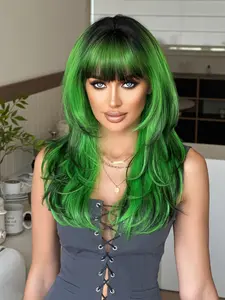 22 Inch Dyed Curly Wig with Bangs, Natural Look Synthetic Heat Resistant Fiber, Cosplay Party Music Festival Y2K Style Hair, Synthetic Material Wigs
