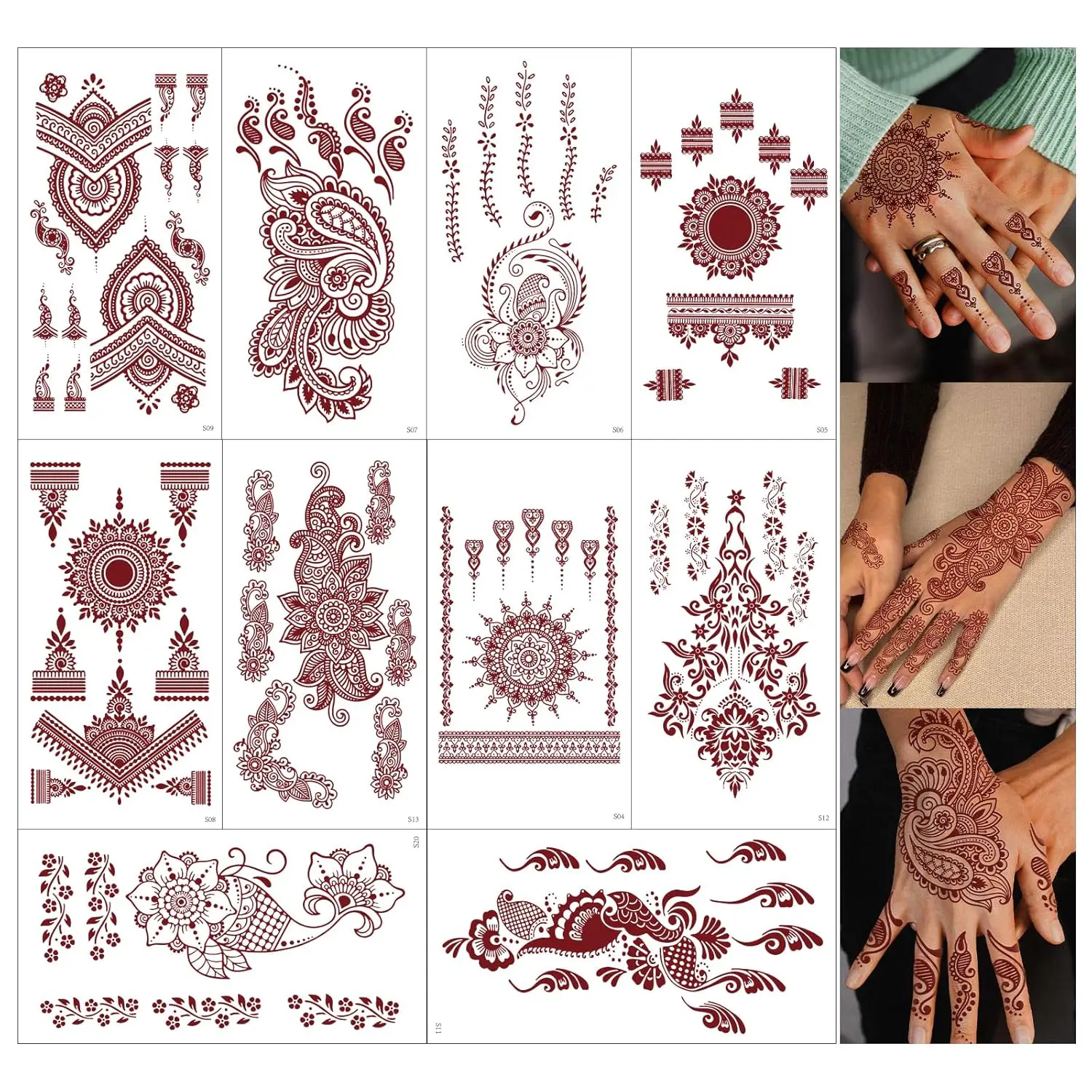 10 Sheets Brown Henna Tattoo Kit,  Fake Tattoos Semi Permanent Tattoo Stickers Waterproof Henna Tattoo Stickers for Women Wedding Party Festival Tattoos Decorations(Henna Tattoo) 538