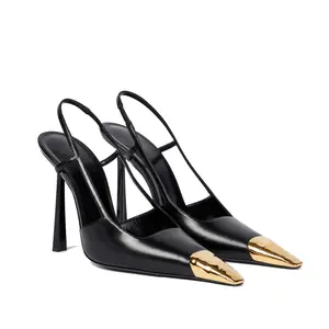 Womens Slingback High Heels Metal Pointed Toe Leather High Stiletto Heel Pumps Slip on Elastic Strap Fashion Dress Shoes for Women