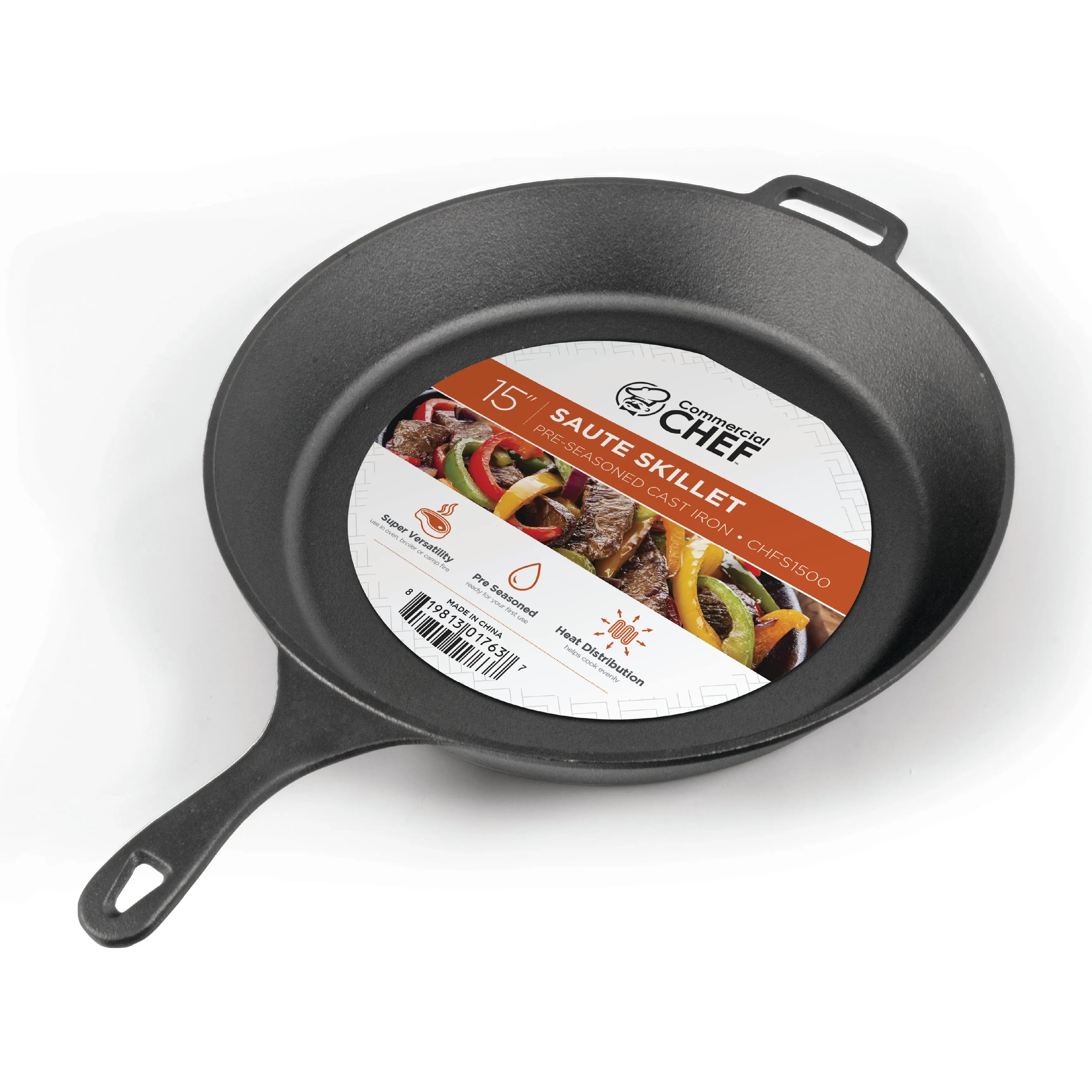 COMMERCIAL CHEF 15-inch Pre-seasoned Cast Iron Skillet, Oven-Safe Cookware for Grilling, Outdoor Use, Hanging Storage, Outdoors, Pan