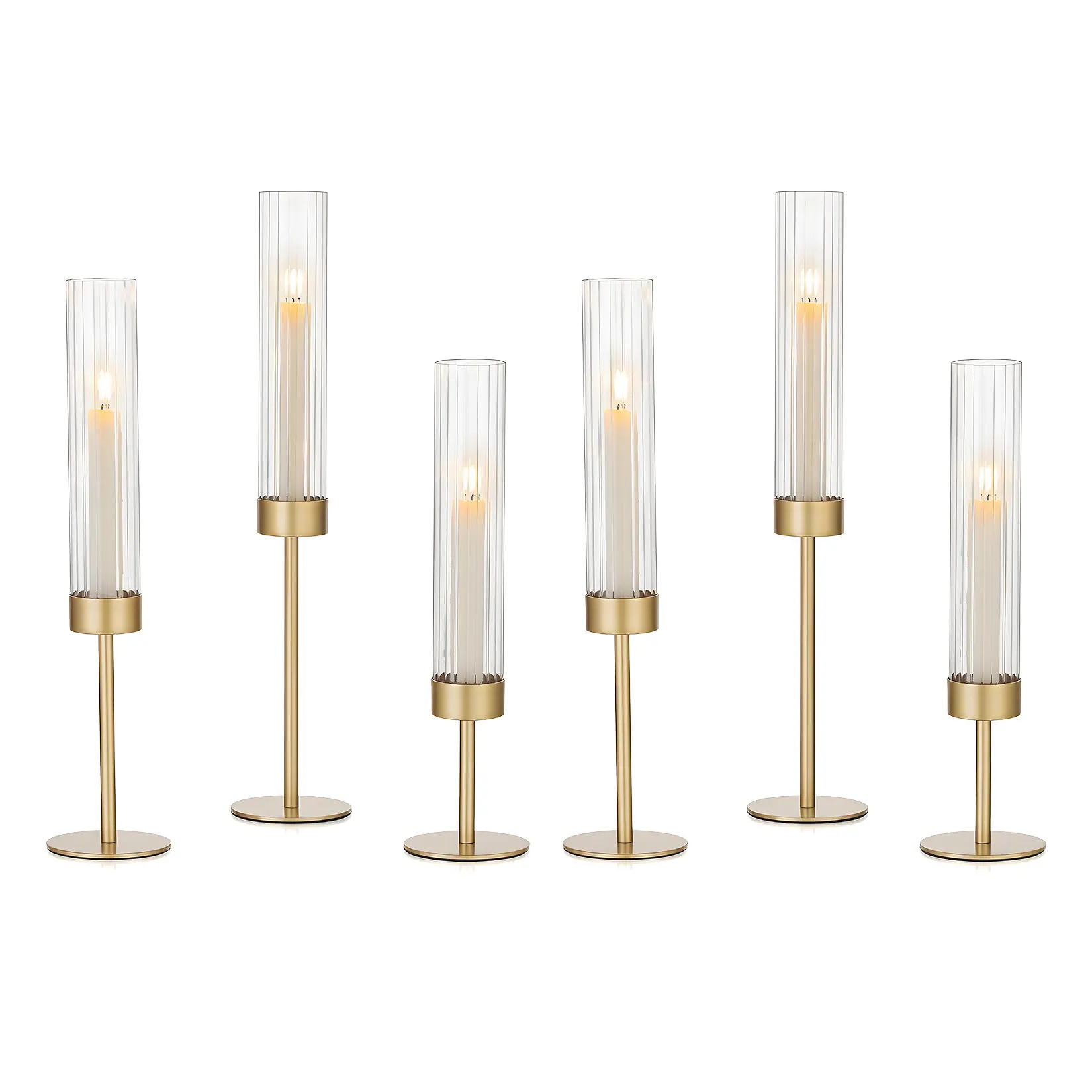 Garvee Gold Hurricane Candle Holders, Set of 3 - Ribbed Glass Cylinder Sleeves, Gold Metal Base - Staggered Height Taper Candlestick Holders for Wedding Centerpieces, Mantel & Dining Table Decor