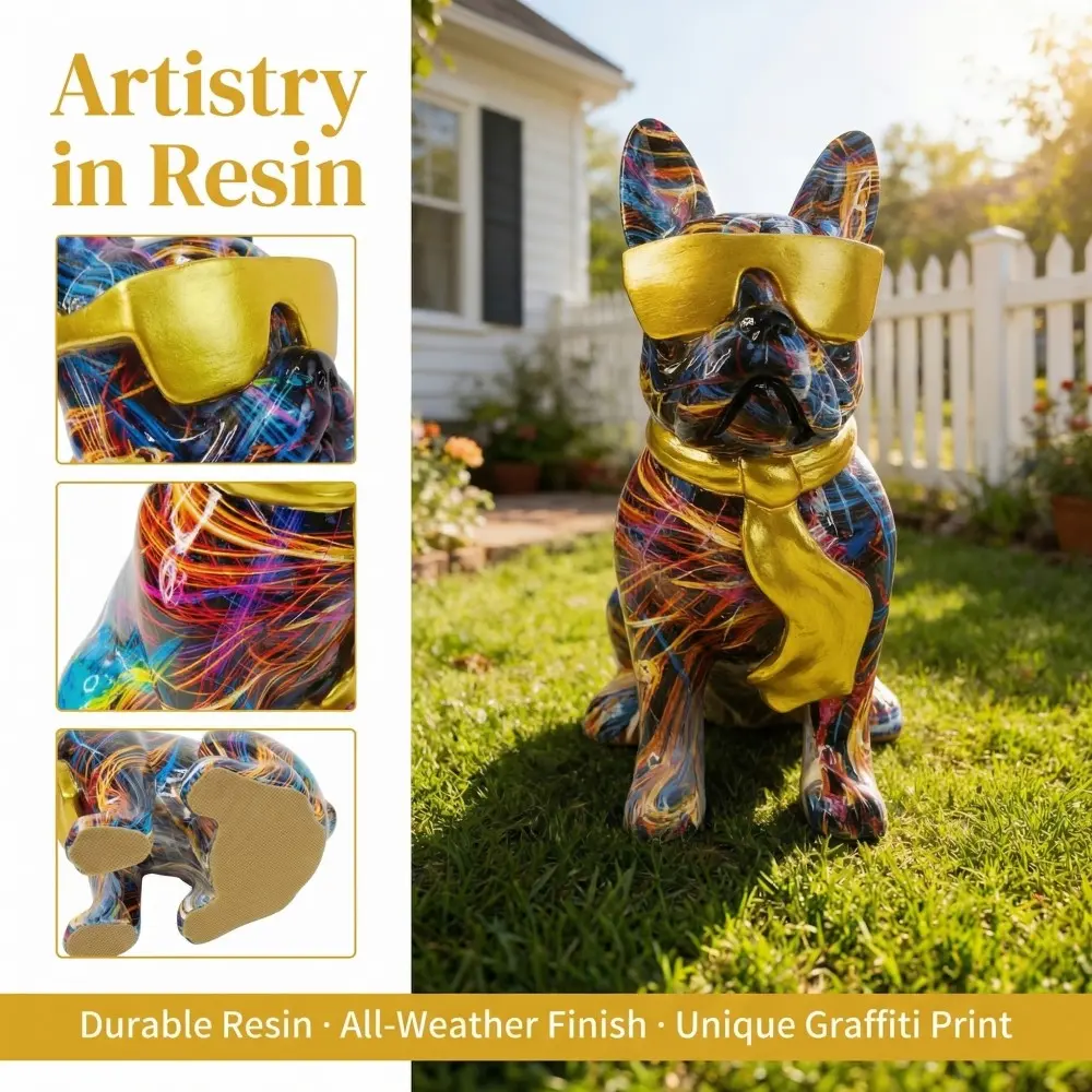 Colorful Graffiti French Bulldog Resin Figurine, Gold Sunglasses Accent Sculpture, Modern Pop Art Home Decoration, Vibrant Street Art Tabletop Ornament, Bold Animal Statue for Gallery and Living Room, Decorations and Ornaments