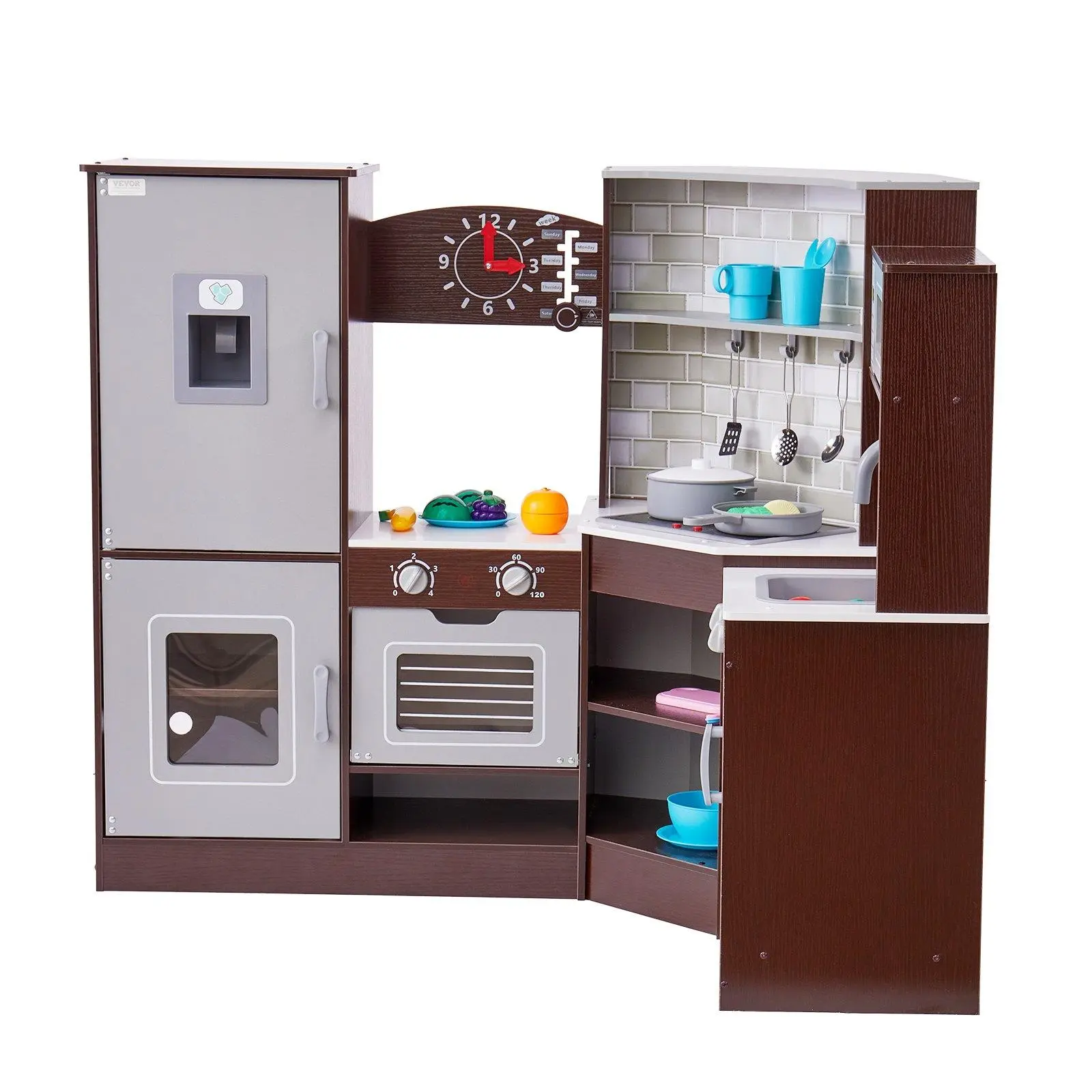 【Backtoschool】VEVOR Toddler Kitchen Playset, Kids Pretend Cooking Toy with 24-Piece Accessories - Play Food, Pretend Cooking Utensils, Cutting Board, Frying Pan, Brown, Water Cup, Child-Sized Kitchen & Food Toys