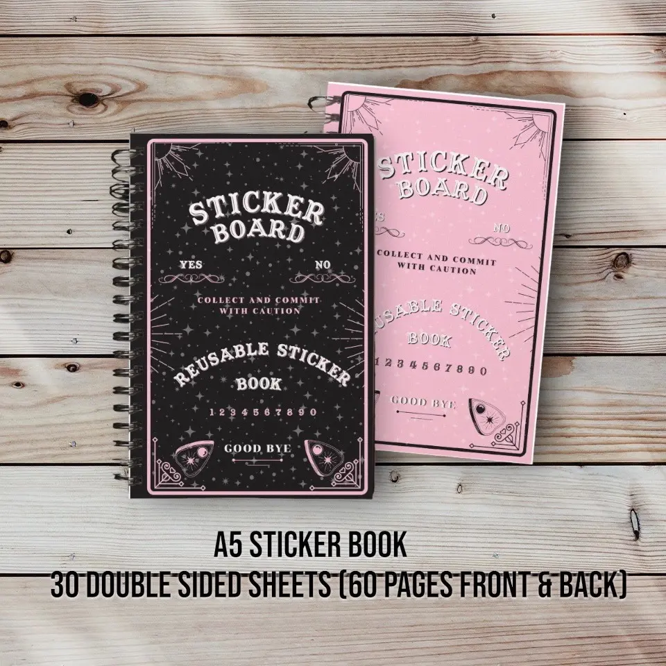 Spooky Ouija Theme Easy-to-Stick-and-Re-Stick Reusable Double-Sided Sticker Sheets - Wire-Bound Premium Card Stock Collector Book, Silicone-Coated Laminated Accessory for Journals, Office Stationery