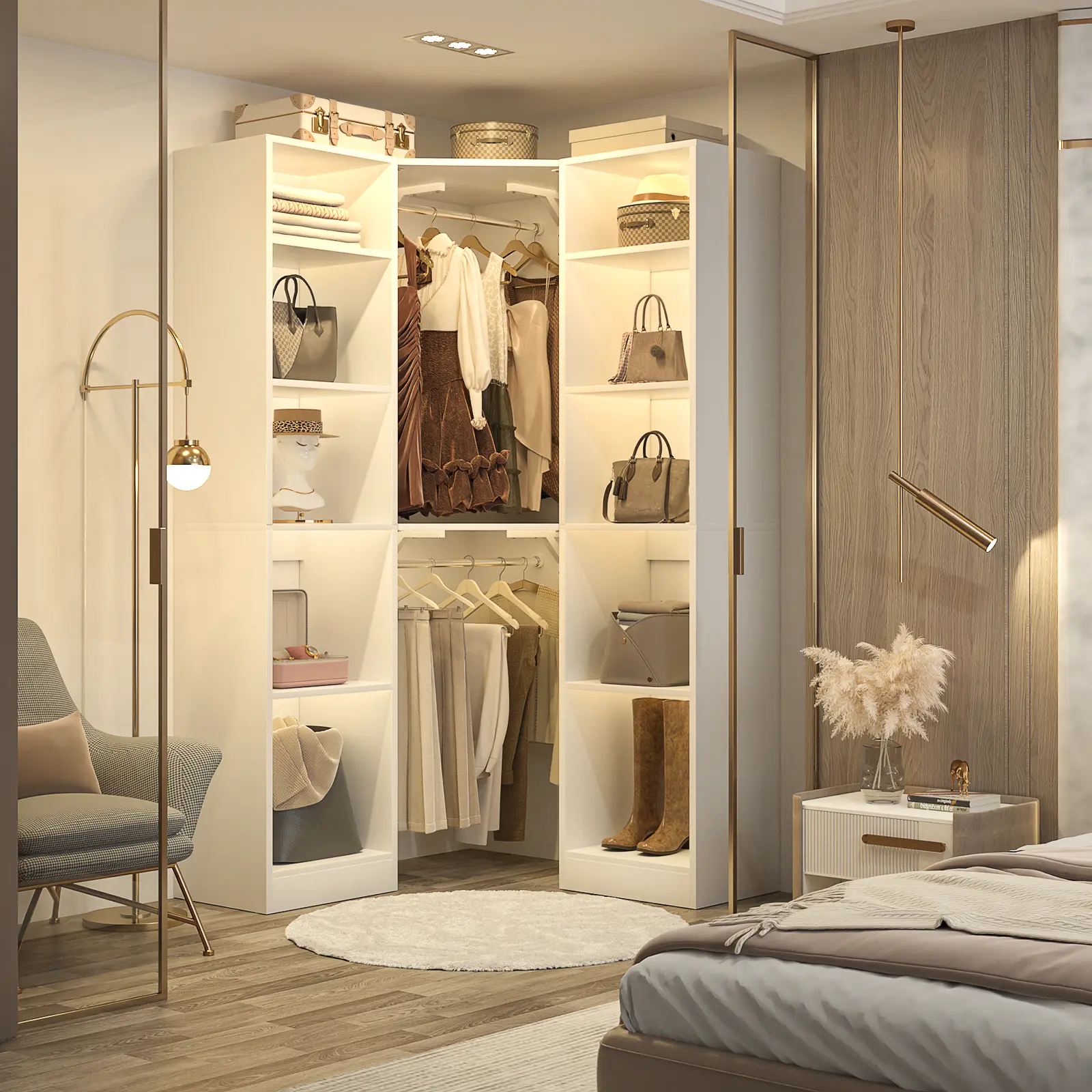 Corner Closet System with 12 Shelves, 39.2" Corner Closet Organizer System with 2 Hanging Rods, Versatile 6-Tier Walk-in Closets for Corner Space, (39.2" L x 39.2" W x 80" H)