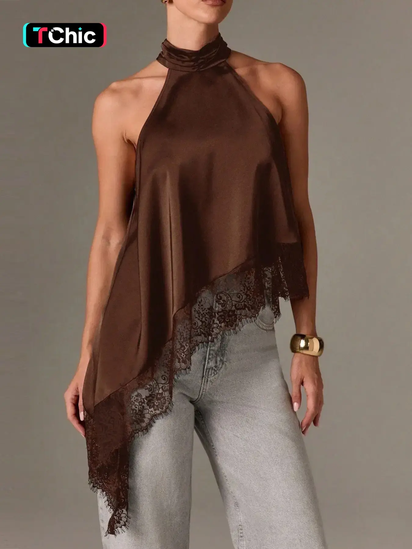 Women's Silk Lace Patchwork Asymmetric Hem Halter Top Blouse, Elegant and Chic Design, Perfect for Special Occasions, Unique Fashion Statement, Womenswear, Asymmetrical, Lady
