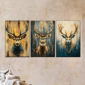 [2D Flat] Three-Piece Canvas Artwork Featuring Unframed Deer with Antlers Depicted on a Wall, Suitable for an Artist'S Drawing Decoration Vintage Prints Wall Art