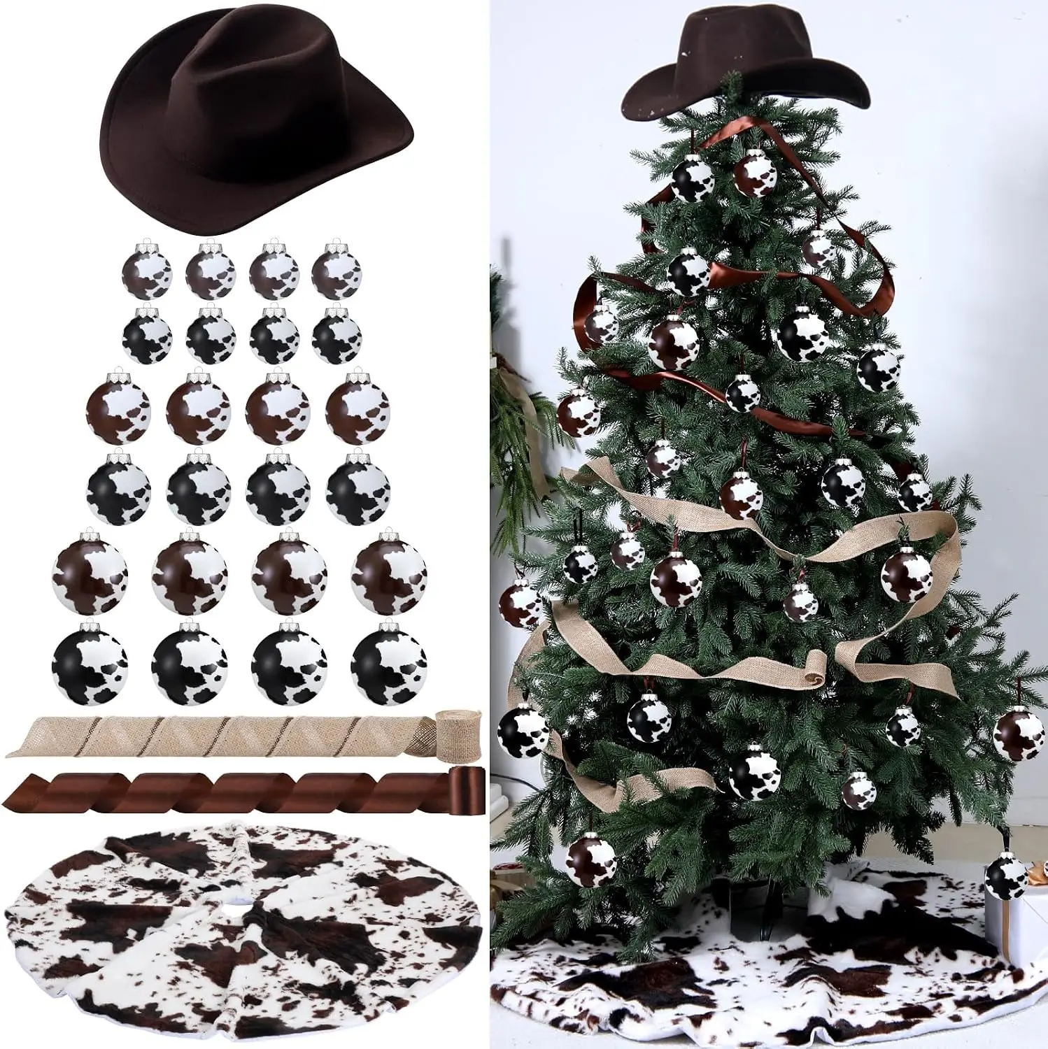 Western Cowboy Christmas Ornaments Set with Topper, Balls - Wooden Hanging Decor (Cowboy Hat, Boots, Horseshoe, Cactus, Sheriff Badge, Cow Print) for Xmas Tree, Rustic Farmhouse Festive Supplies, Party Decor Accessories, Country Lovers, Party Decoration S