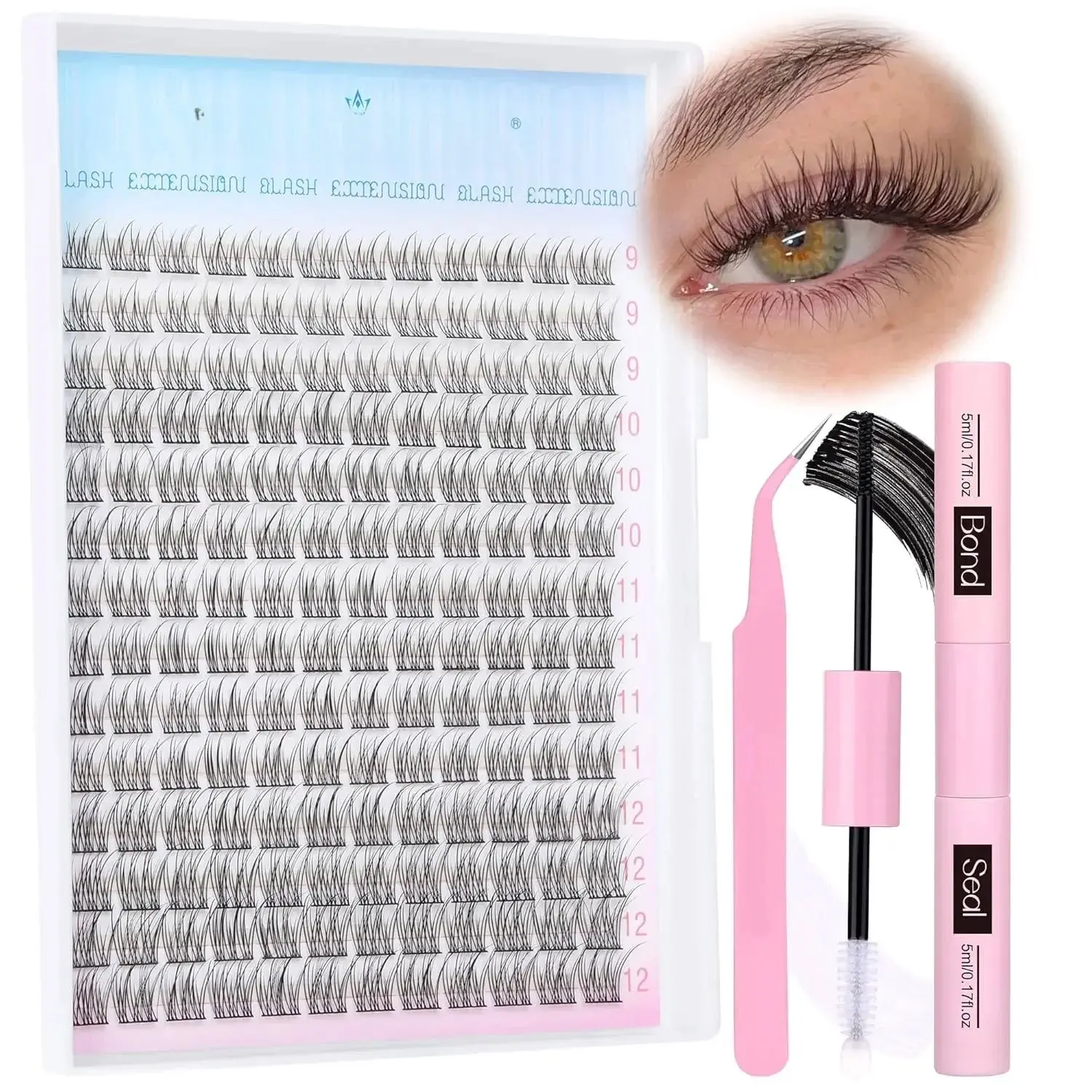 Natural Lash Extension Kit Lash Clusters Kit Wispy Eyelash Extensions Individual Lashes Extensions with Bond and Seal Lash Glue and Eyelash Extension Tweezers DIY at Home
