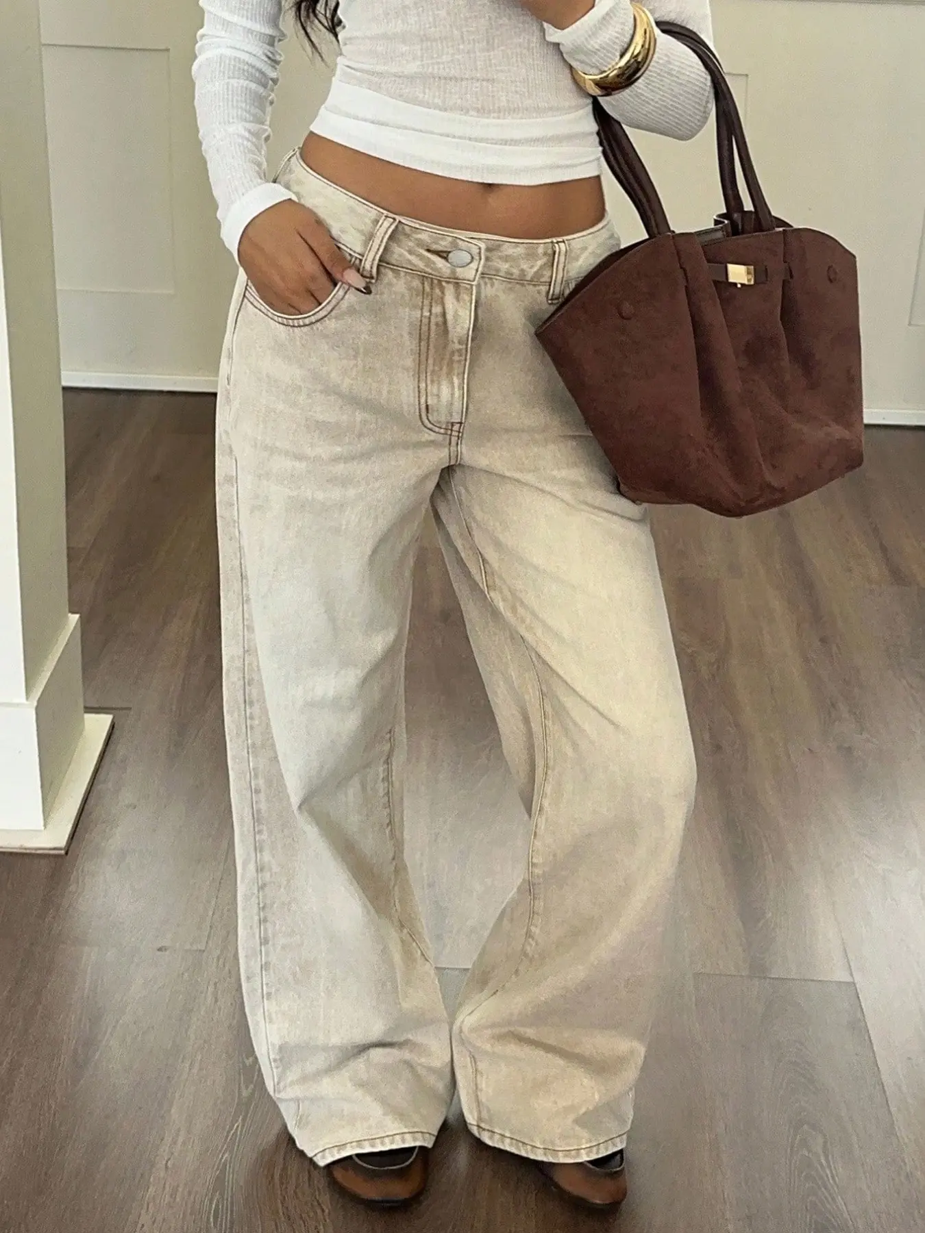 Women's Denim Jeans Y2K Vintage Low Waist Wide Leg, Low Rise Jeans, Casual Loose Fit Jeans for All Seasons, Button Fly Closure，T-Chic
