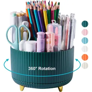 360  Rotatable Pen Holder, 5 Slots Office Desk Organizer, Pencil Holder for Desk Multi-Functional Pencil Cup Desktop Stationary Organizer Storage for Office School  Dark Green
