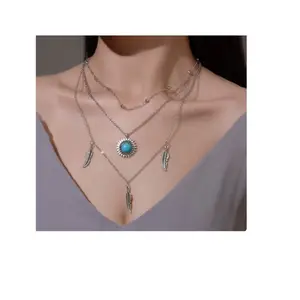 Silver and Turquoise Multi Layer Bohemian Style Necklace with Layered Design