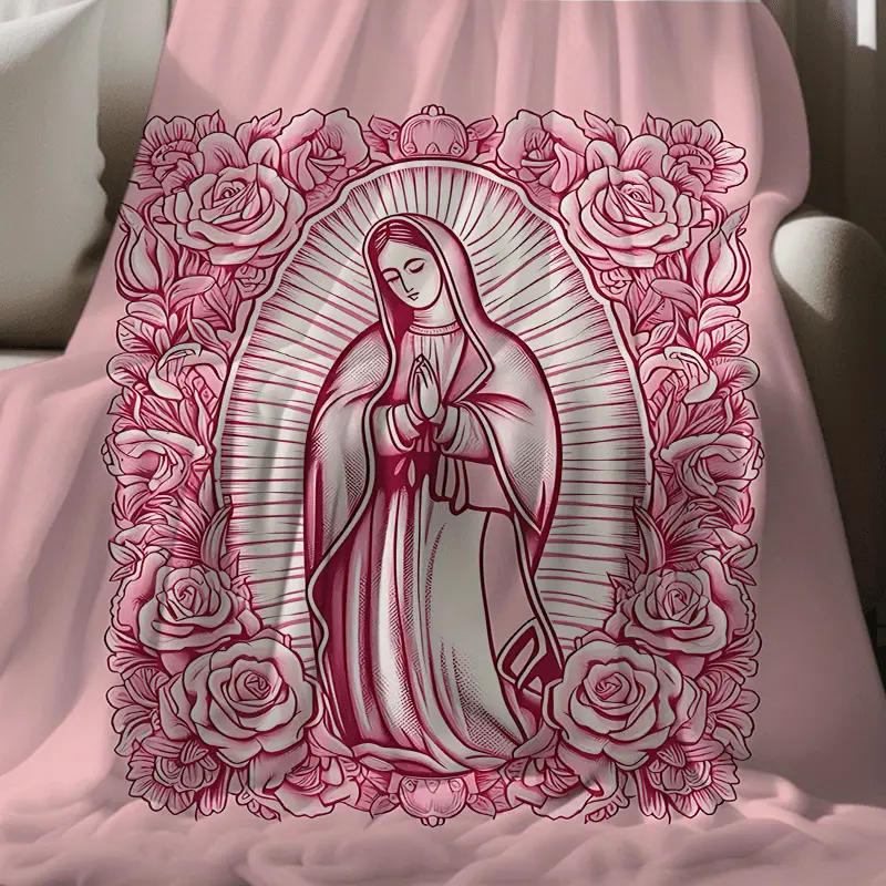 Cozy Pink Virgin Mary Blanket-Super Soft Velvet with Floral Pattern, Perfect Gift for Mom, Grandma, Birthday and Valentine's Day, Perfect for Sofa, Bed, Travel and Living Room, Floral Blanket， cooling blankets