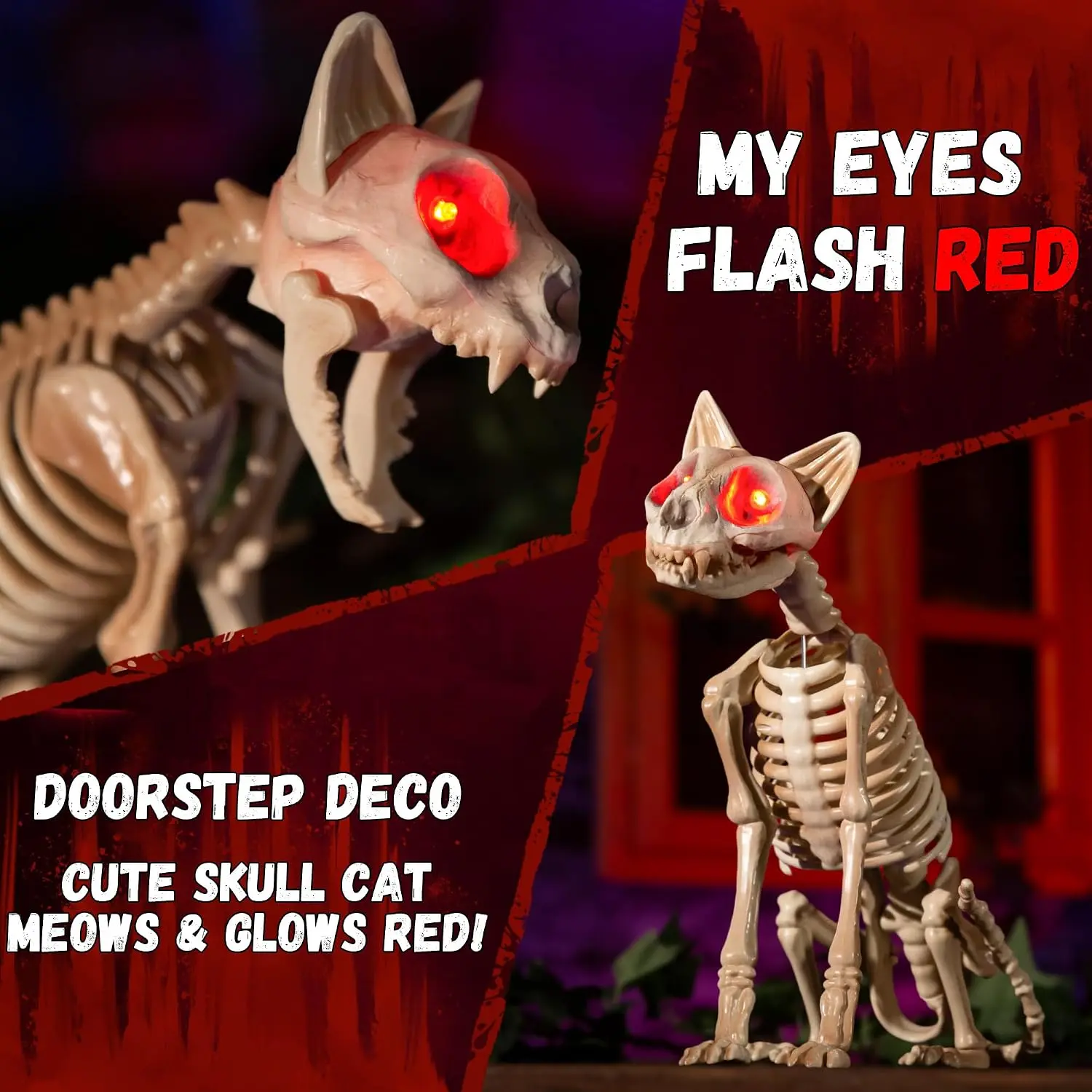Halloween Animatronics 15" Skeleton Cat, Realistic Skull Animal Bones Decor with Sound Activation, Creepy Sound, Move Jaw, Light Up Eyes, Haunted Spooky Horror Prop for Indoor, Outdoor