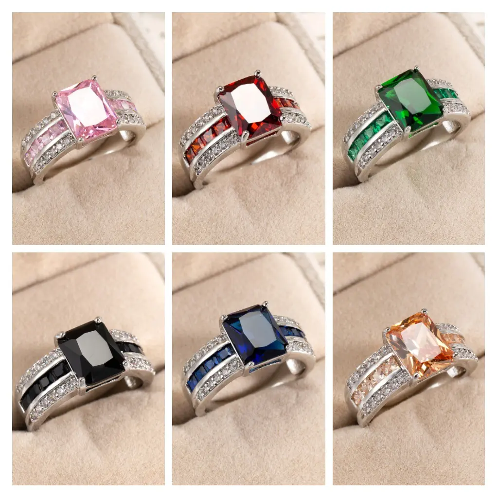 Vibrant Emerald Cut CZ Statement Ring, Silver Plated Multicolor Gemstone Cocktail Band for Women, Timeless Elegant Design with Sparkling Accents, comfortable fit, great for everyday glamour, parties, anniversary gifts and formal styling