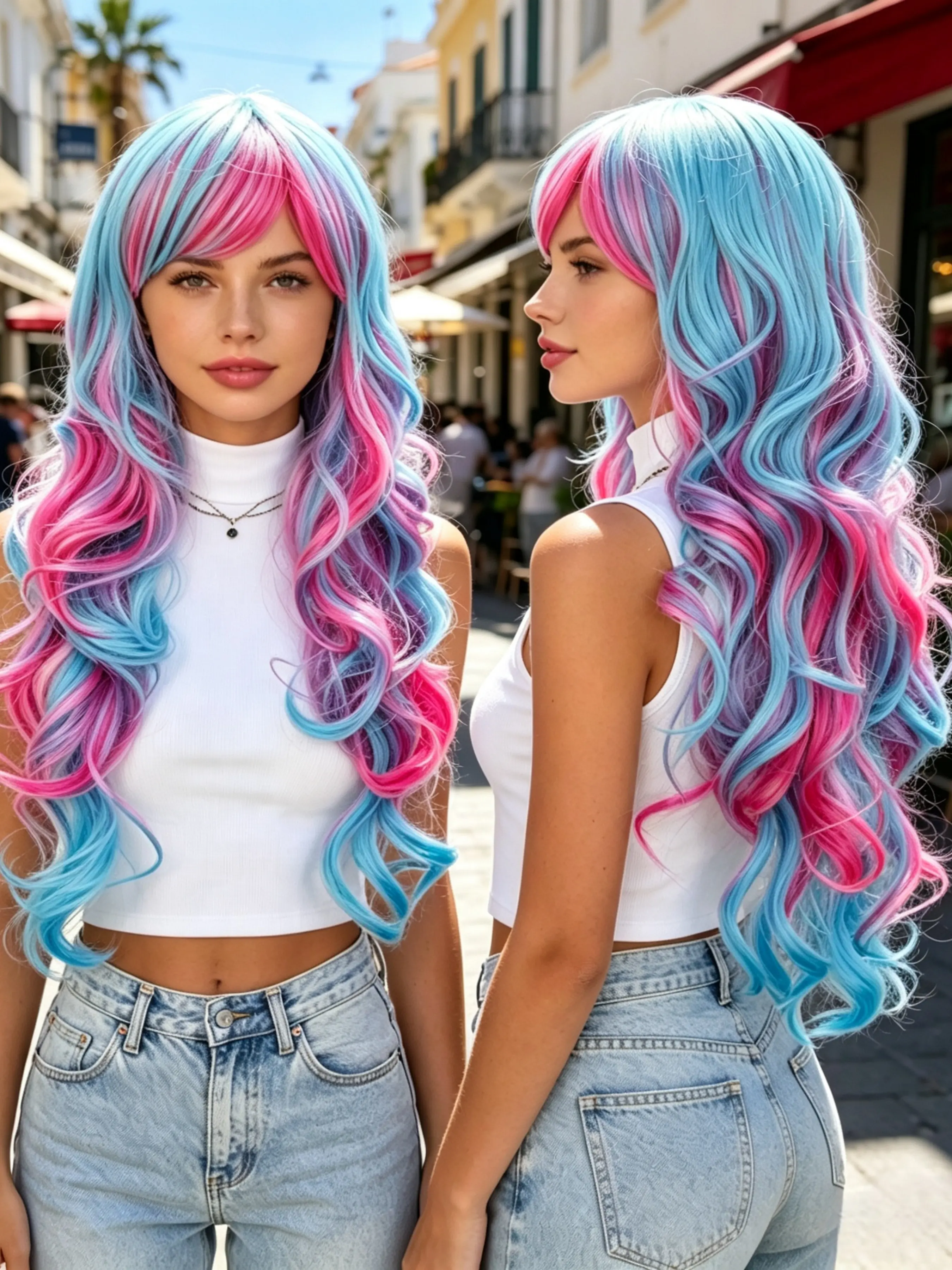 26-Inch High-Quality Dyed Wig with Bangs Design, Blue Mixed Color Long Wavy Hair, Women's Festival Party Halloween Wig, Synthetic Wigs, Synthetic Fiber
