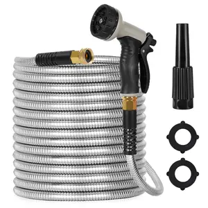 Metal Garden Hose, 50ft Stainless Steel Flexible Water Hose With 10 Adjustable Patterns Spray Nozzle, Heavy Duty Water Pipe , Kink Free , 2 Nozzles
