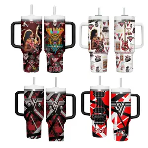 Retro Van Halen Music Tumbler 40oz With Handle, Classic Rock Band Fan Insulated Travel Cup, Vintage Rock Music Gift Drinkware