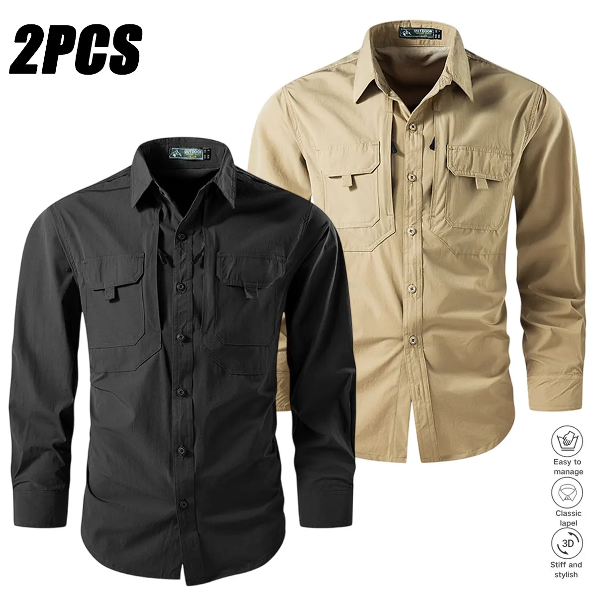 Men's 2-Pack Fitted Collared Lapel Utility Work Shirts, Plain, Full Cuff Sleeves, Button Front, Dual Pockets, Fashion, for Outdoors