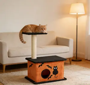 2-tier cat climbing frame, Halloween-themed square house with a ghost face, black and orange, Halloween cat climbing frame