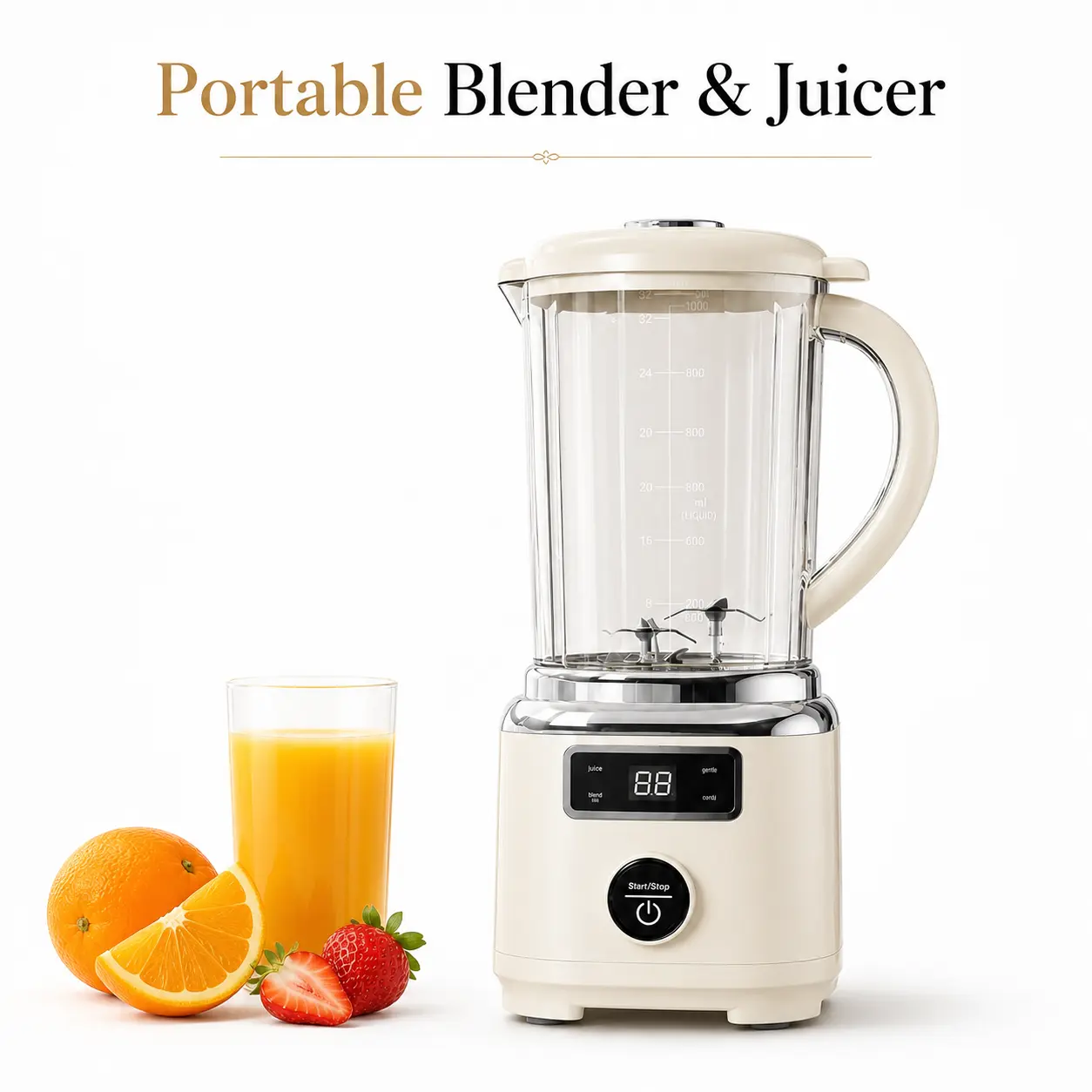 Portable Personal Blender, 1L Rechargeable Type-C USB Cordless Battery-Powered Kitchen Appliance with 30-Blade Cutter, 3000mAh Battery, ABS Body, Ice Crushing, Overheat Protection for Juice on the Go