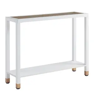2 Tier Glass Console Table with Gold Mesh Shelf, Narrow Entryway Table, Modern Sofa Table with Metal Frame, Hallway Accent Table for Living Room