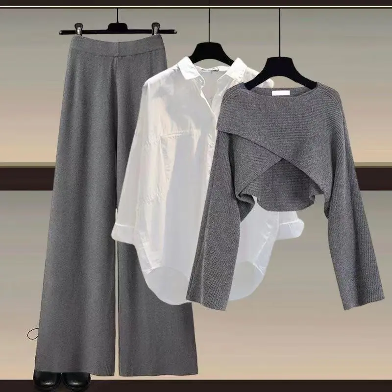 2025Knitted sweater shirt wide leg pants three-piece autumn and winter suit women's 2025 new plus size women's fashion slim