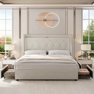 【GARVEE】Upholstered Queen Bed Frame with 4 Storage Drawers, Queen Size Bed Frame with Headboard and Storage, Platform Bed Frame with Charging Station & Wingback, No Box Spring Needed, Noise-Free