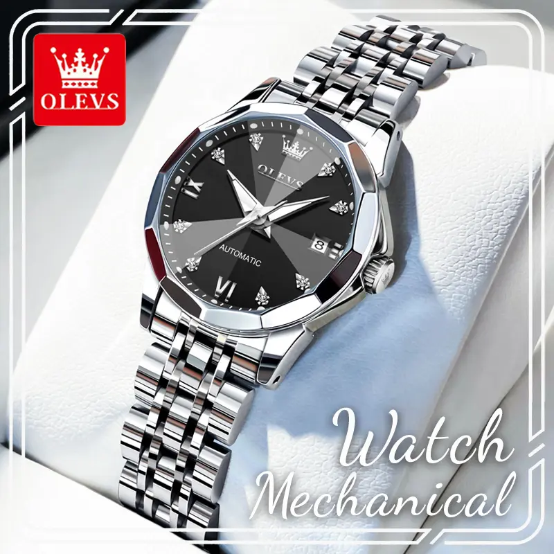OLEVS Women's Automatic Stainless Steel Wristwatch, Analog Watch with Octagonal Case & Jubilee Band, Black Sunburst Dial with Rhinestone Markers, Date Display, 3ATM Daily Resistant, Automatic Watches, Elegant, 30M - 50M, Steel Strap, All-Match, 28.5Mm, Ac