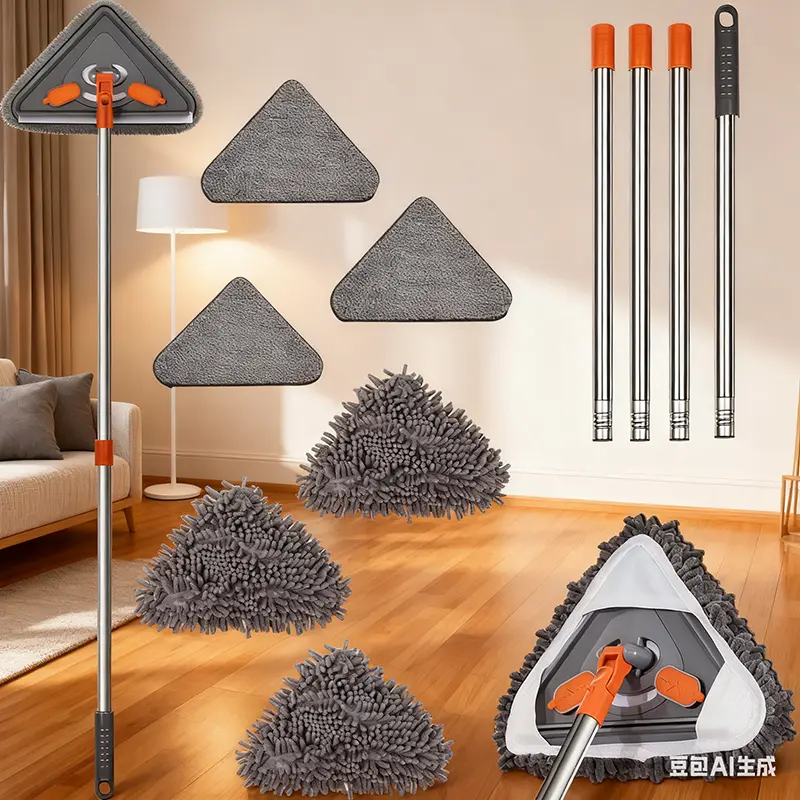 Long Handle Wall Mop & Baseboard Cleaner with Squeegee, Microfiber Heads - Telescopic Extension Pole Mop for Multi-Surface Wet/Dry Dusting (Walls, Floors, Baseboards) - Home Use, Long Handle Mops