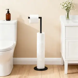 Free Standing Stainless Steel Toilet Paper Holder Stand - No Installation Home Accessory, Holds 5 Spare Rolls, Modern Black Bathroom Decor & Paper Storage for Bathroom Supplies