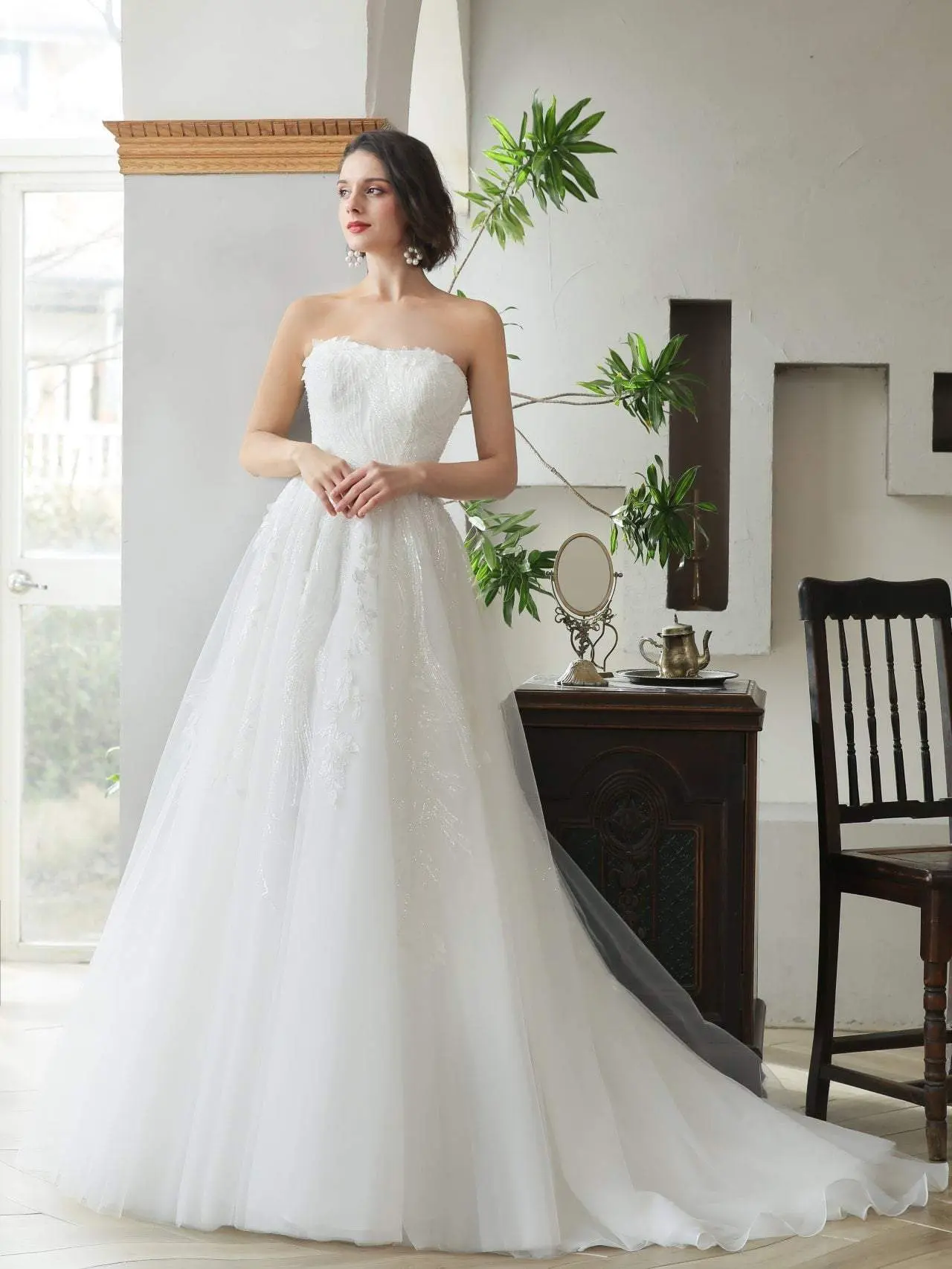 Women's Made-To-Order Strapless A-Line Satin Blend Wedding Gown, Ophelia, Long Chapel Train, Chic Elegant 3D Leaf Lace, Beaded Sequins, Sleeveless, Bare Shoulders, Zip Closure