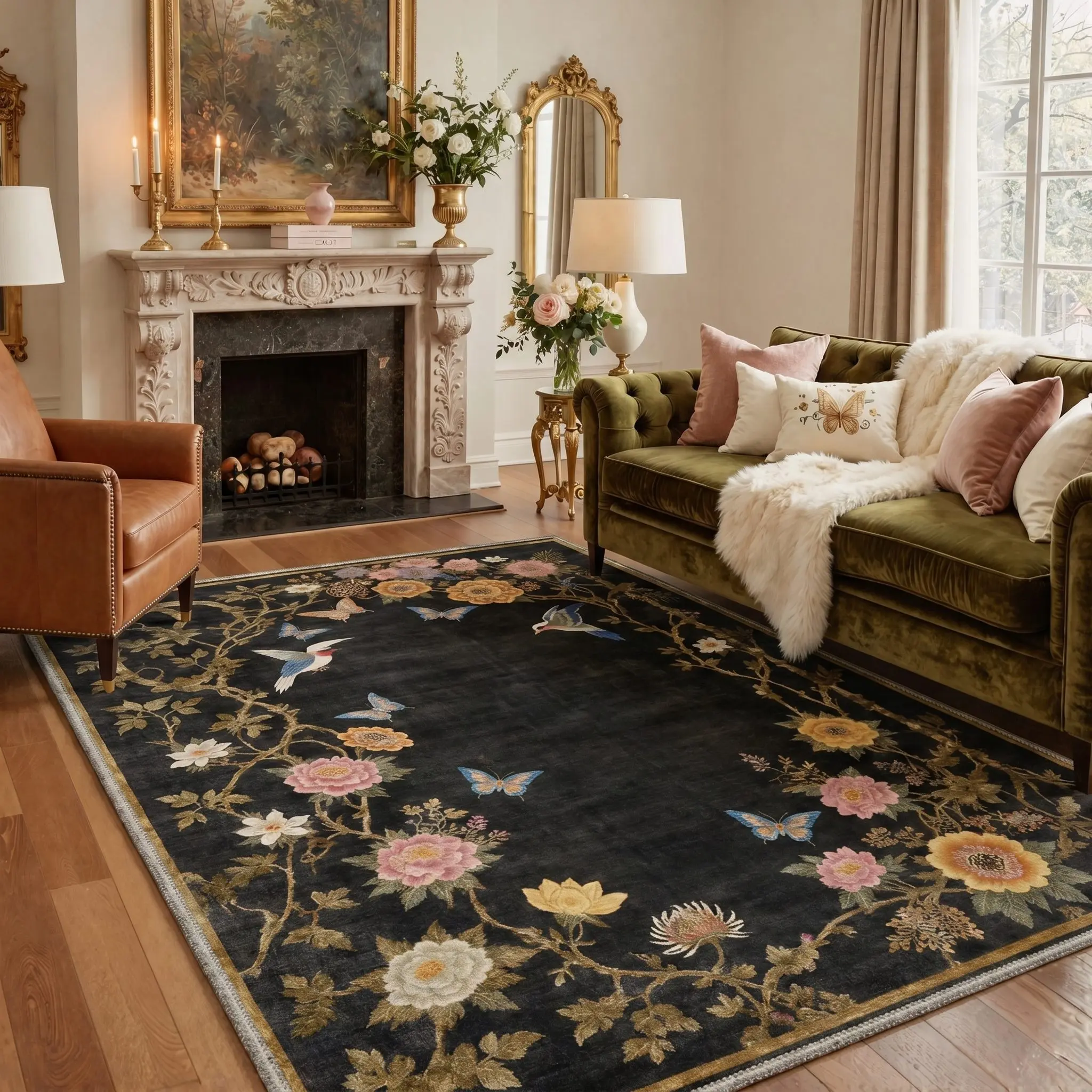 【Deals For You Days】GENIMO Machine Washable Area Rug Non Slip Floor Carpet Pet Friendly Soft Rug for Living Room Bedroom Kitchen Hallway Home Home Essentials,ARE5074-ONYX BLOOM