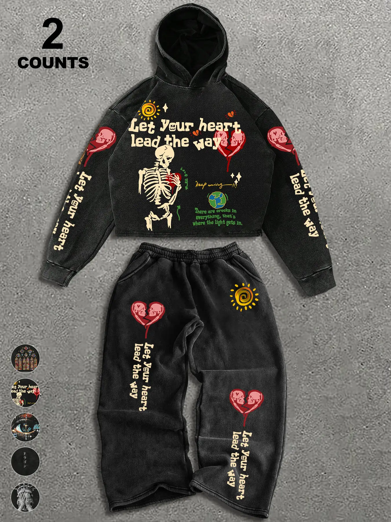 Men's Gothic Street-Style Skull-Print Casual Matching Set, Artistic Design Long-Sleeve Top & Casual Fitted Sweatpants, Trendy Party Wear for Fall and Winter, Casual Fashion Set, Gothic Clothes, Sweatshirt Sets